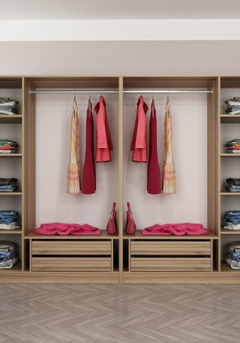 FUNZI LIVING 7671 offener Kleiderschrank, mit 2 Kleiderstangen, 4 Schubladen, 8 Einlegeböden - natürliches Melamin