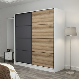 FUNZI LIVING 3964 garderobeskab, 2 skydelger, 2 bjlestnger, 2 skuffer - hvid/natur/gr melamin