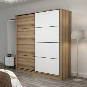 FUNZI LIVING 3179 garderobeskab, 2 skydelger, 2 bjlestnger, 2 skuffer - natur/hvid melamin