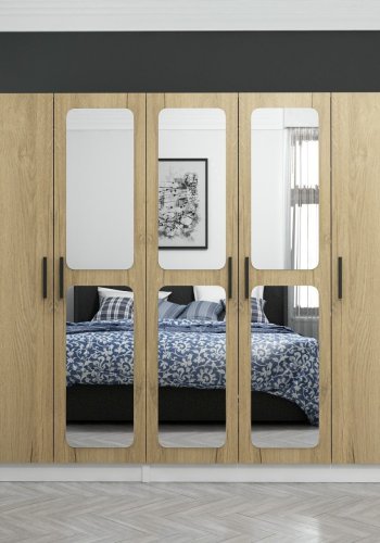 FUNZI LIVING 2713 garderobeskab, spejl, 5 lger, 3 bjlestnger, 2 skuffer - natur/hvid melamin