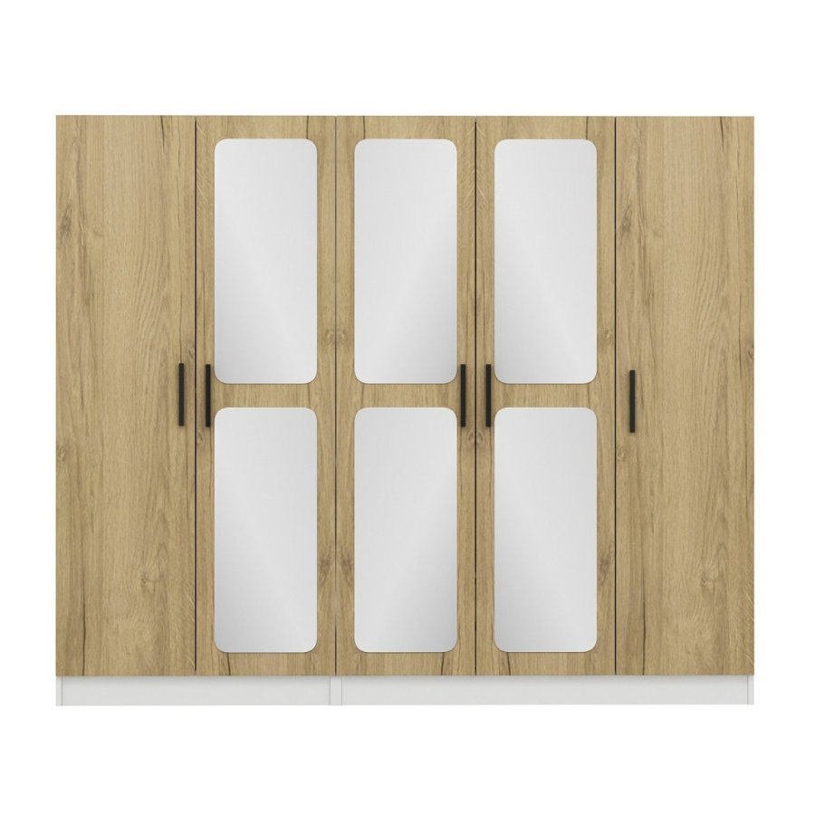 FUNZI LIVING 2713 garderobeskab, spejl, 5 lger, 3 bjlestnger, 2 skuffer - natur/hvid melamin