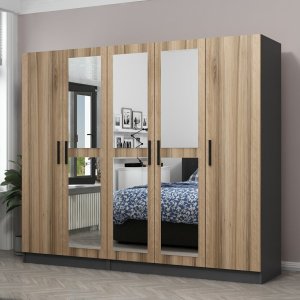 FUNZI LIVING 5013 garderobeskab, spejl, 5 lger, 3 bjlestnger, 2 skuffer - natur/antracit melamin