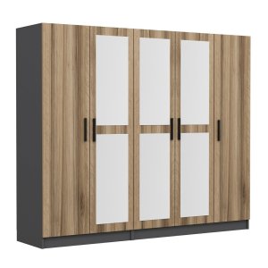 FUNZI LIVING 5117 garderobeskab, spejl, 5 lger, 3 bjlestnger, 2 skuffer - natur/antracit melamin