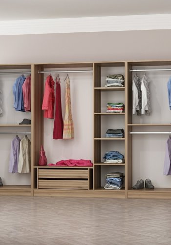 FUNZI LIVING 7672 offener Kleiderschrank, mit 5 Kleiderstangen, 2 Schubladen, 6 Einlegeböden - natürliches Melamin