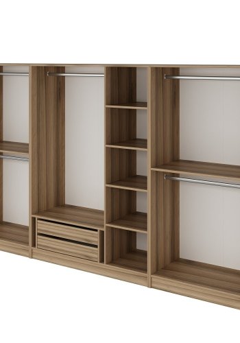 FUNZI LIVING 7672 offener Kleiderschrank, mit 5 Kleiderstangen, 2 Schubladen, 6 Einlegeböden - natürliches Melamin