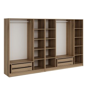 FUNZI LIVING 7543 bent garderobeskab, m. 2 bjlestnger, 4 skuffer, 12 hylder - natur melamin