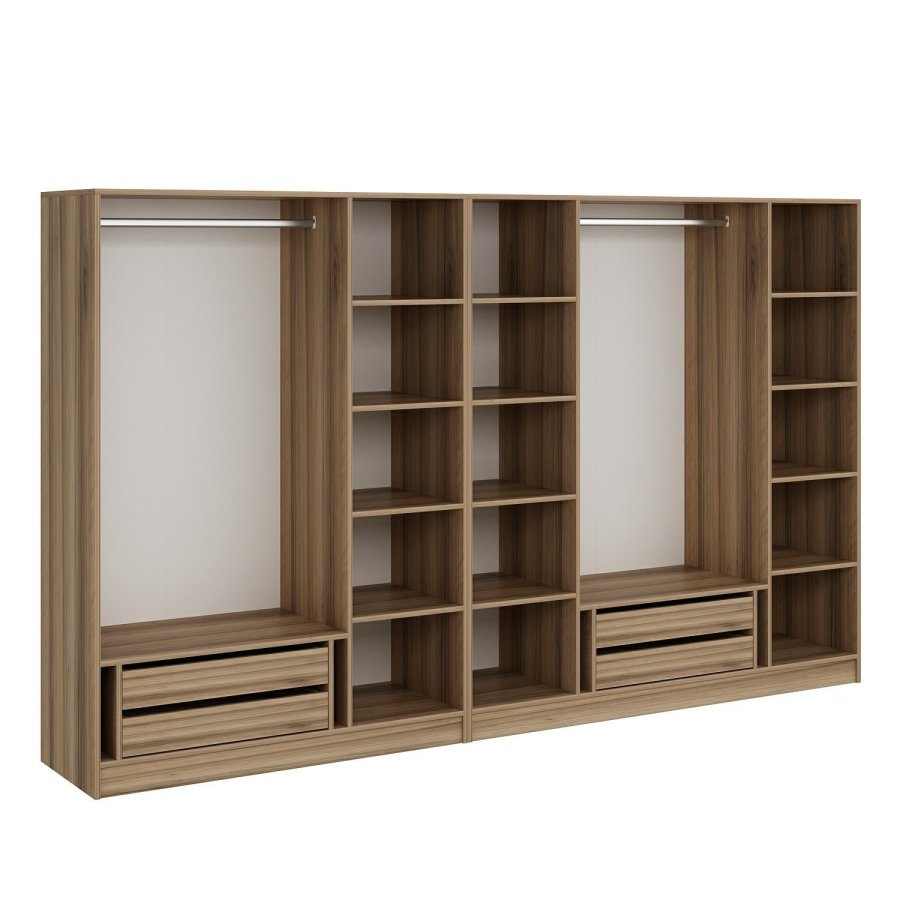 FUNZI LIVING 7673 offener Kleiderschrank, mit 4 Kleiderstangen, 4 Schubladen, 9 Einlegeböden - natürliches Melamin