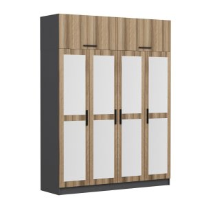 FUNZI LIVING 5211 garderobeskab, spejl, 6 lger, 1 bjlestang, 2 skuffer - natur/antracit melamin