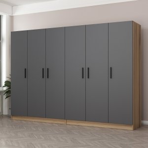 FUNZI LIVING 7511 garderobeskab, 6 lger, 2 bjlestnger, 4 skuffer - antracit/natur melamin