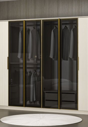 FUNZI LIVING Luxe Kleiderschrank, mit Türen, 3 Kleiderstangen, 2 Schubladen, 12 Einlegeböden – Melamin weiß/gold/rauch