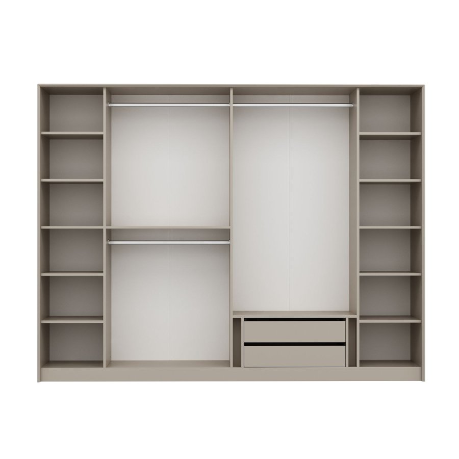 FUNZI LIVING Luxe Kleiderschrank, mit Türen, 3 Kleiderstangen, 2 Schubladen, 12 Einlegeböden – Melamin weiß/gold/rauch