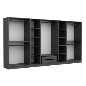 FUNZI LIVING 4943 bent garderobeskab, m. 5 bjlestnger, 2 skuffer, 10 hylder - antracitgr melamin