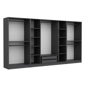 FUNZI LIVING 5047 bent garderobeskab, m. 5 bjlestnger, 2 skuffer, 10 hylder - antracitgr melamin