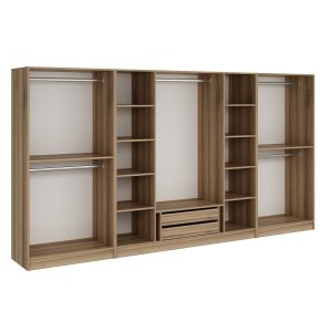 FUNZI LIVING 7544 bent garderobeskab, m. 5 bjlestnger, 2 skuffer, 10 hylder - natur melamin