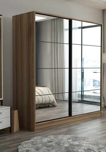 FUNZI LIVING 3977 Kleiderschrank, Spiegel, 2 Schiebetüren, 2 Kleiderstangen, 2 Schubladen – natürliches Melamin