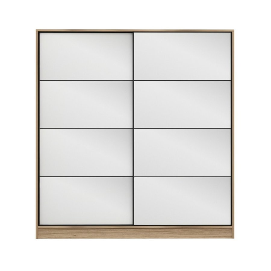 FUNZI LIVING 3977 Kleiderschrank, Spiegel, 2 Schiebetüren, 2 Kleiderstangen, 2 Schubladen – natürliches Melamin