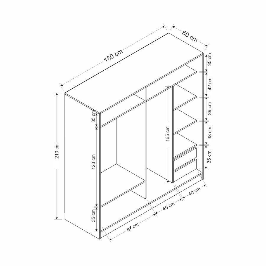 FUNZI LIVING 3977 Kleiderschrank, Spiegel, 2 Schiebetüren, 2 Kleiderstangen, 2 Schubladen – natürliches Melamin
