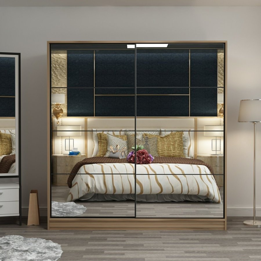 FUNZI LIVING 7165 garderobeskab, spejl, 2 skydel�ger, 2 b�jlest�nger, 2 skuffer - natur melamin