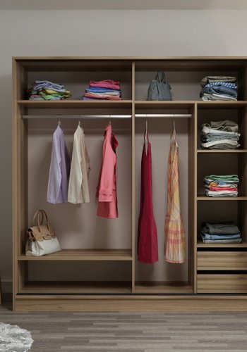 FUNZI LIVING 7165 garderobeskab, spejl, 2 skydel�ger, 2 b�jlest�nger, 2 skuffer - natur melamin