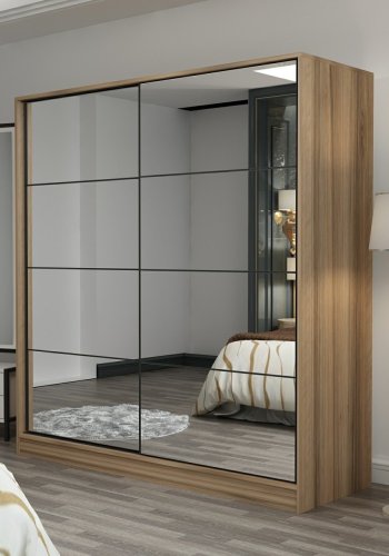 FUNZI LIVING 7165 garderobeskab, spejl, 2 skydel�ger, 2 b�jlest�nger, 2 skuffer - natur melamin