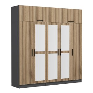 FUNZI LIVING 5303 garderobeskab, spejl, 7 lger, 3 bjlestnger, 2 skuffer - natur/antracit melamin