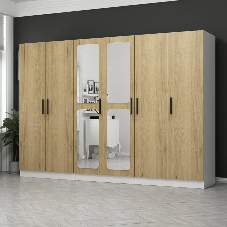 FUNZI LIVING 2714 garderobeskab, spejl, 6 lger, 3 bjlestnger, 2 skuffer - hvid/natur melamin