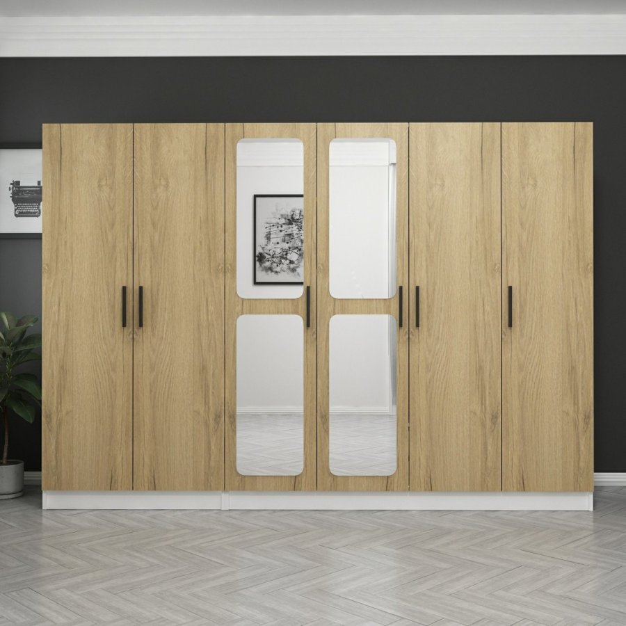 FUNZI LIVING 2714 garderobeskab, spejl, 6 lger, 3 bjlestnger, 2 skuffer - hvid/natur melamin