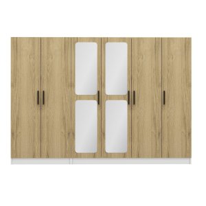 FUNZI LIVING 2714 garderobeskab, spejl, 6 lger, 3 bjlestnger, 2 skuffer - hvid/natur melamin