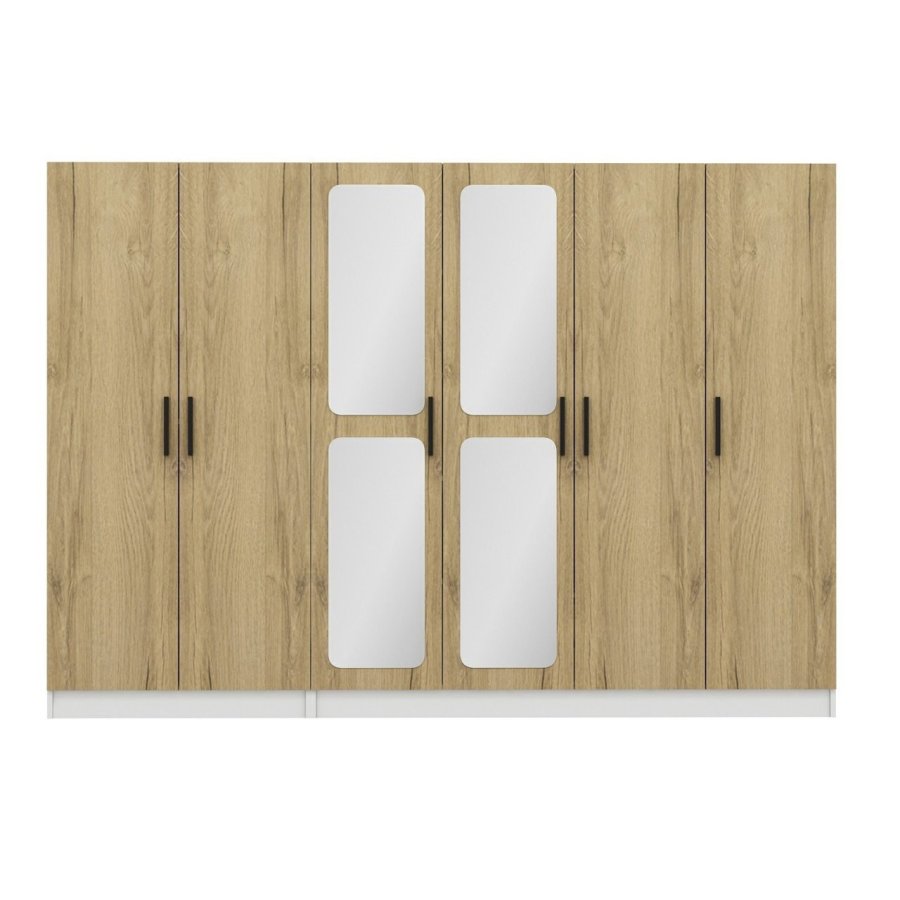 FUNZI LIVING 2714 garderobeskab, spejl, 6 lger, 3 bjlestnger, 2 skuffer - hvid/natur melamin