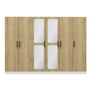 FUNZI LIVING 3871 garderobeskab, spejl, 6 lger, 3 bjlestnger, 2 skuffer - hvid/natur melamin