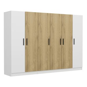 FUNZI LIVING 3111 garderobeskab, 6 lger, 3 bjlestnger, 2 skuffer, hylder - hvid/natur melamin