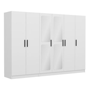 FUNZI LIVING 2439 garderobeskab, spejl, 6 lger, 3 bjlestnger, 2 skuffer - hvid melamin