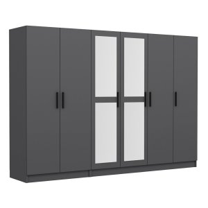 FUNZI LIVING 5091 garderobeskab, spejl, 6 lger, 3 bjlestnger, 2 skuffer - antracitgr melamin