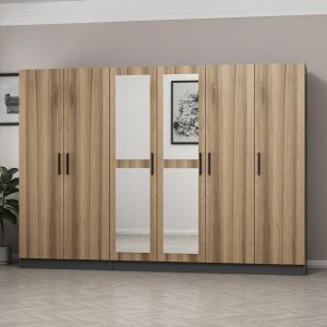 FUNZI LIVING 5118 garderobeskab, spejl, 6 lger, 3 bjlestnger, 2 skuffer - natur/antracit melamin