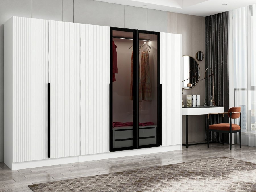 FUNZI LIVING Kale Kleiderschrank, mit Türen, 3 Kleiderstangen, 2 Schubladen, 10 Regalen - rauchfarbenes Melamin