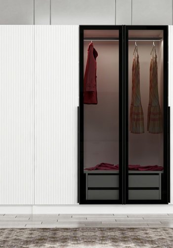 FUNZI LIVING Kale Kleiderschrank, mit Türen, 3 Kleiderstangen, 2 Schubladen, 10 Regalen - rauchfarbenes Melamin