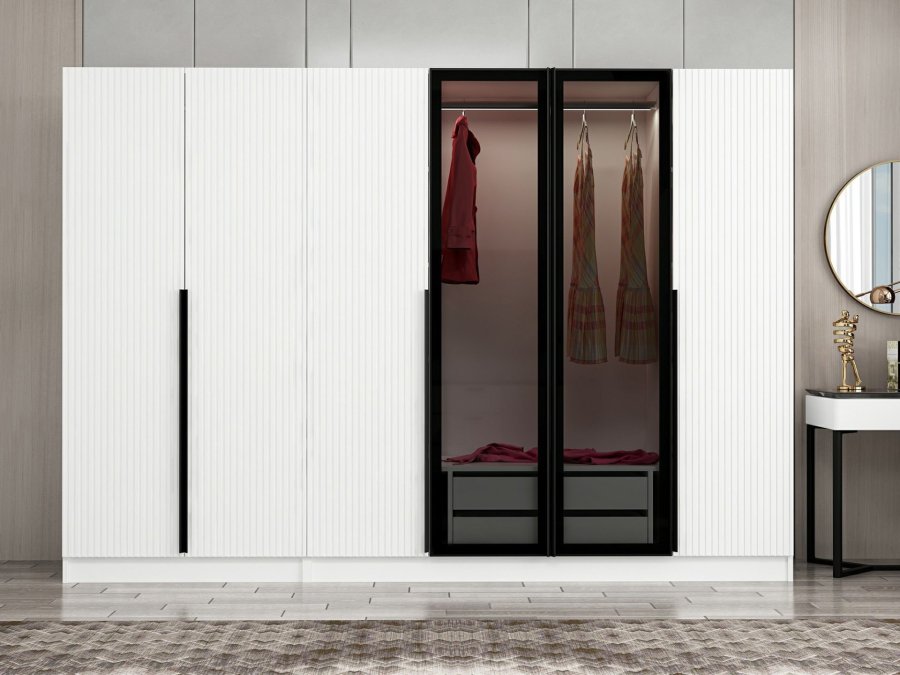 FUNZI LIVING Kale Kleiderschrank, mit Türen, 3 Kleiderstangen, 2 Schubladen, 10 Regalen - rauchfarbenes Melamin