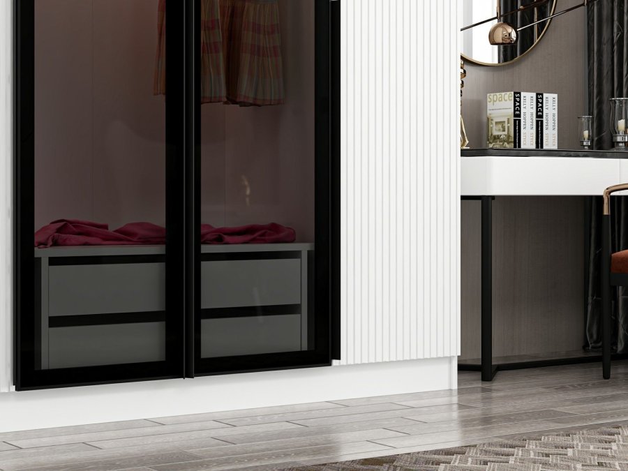 FUNZI LIVING Kale Kleiderschrank, mit Türen, 3 Kleiderstangen, 2 Schubladen, 10 Regalen - rauchfarbenes Melamin