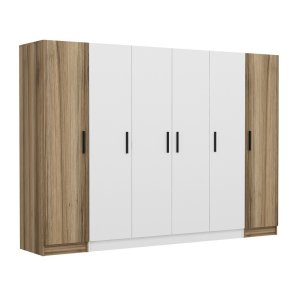 FUNZI LIVING 3077 garderobeskab, 6 lger, 3 bjlestnger, 2 skuffer, hylder - hvid/natur melamin