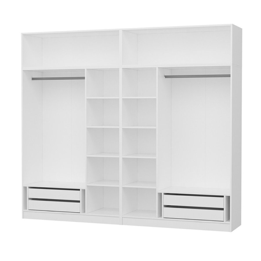 FUNZI LIVING 3087 garderobeskab, m. 8 lger, 2 bjlestnger, 4 skuffer, hylder - hvid melamin