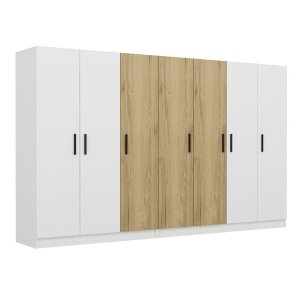 FUNZI LIVING 3114 garderobeskab, 7 lger, 2 bjlestnger, 4 skuffer, hylder - hvid/valnd melamin