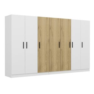 FUNZI LIVING 3959 garderobeskab, 7 lger, 2 bjlestnger, 4 skuffer, hylder - hvid/valnd melamin