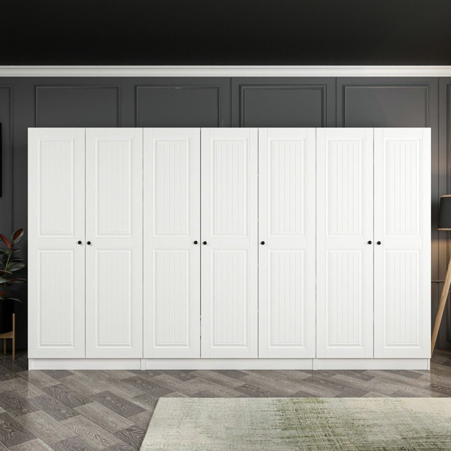 FUNZI LIVING Mebran 4012 garderobeskap, m. 7 drer, 5 henger, 2 skuffer, hyller - hvit melamin