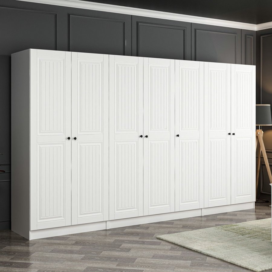 FUNZI LIVING Mebran 4012 garderobeskap, m. 7 drer, 5 henger, 2 skuffer, hyller - hvit melamin