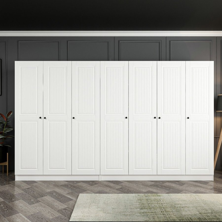 FUNZI LIVING Mebran 4013 garderobeskap, m. 7 drer, 2 henger, 4 skuffer, hyller - hvit melamin