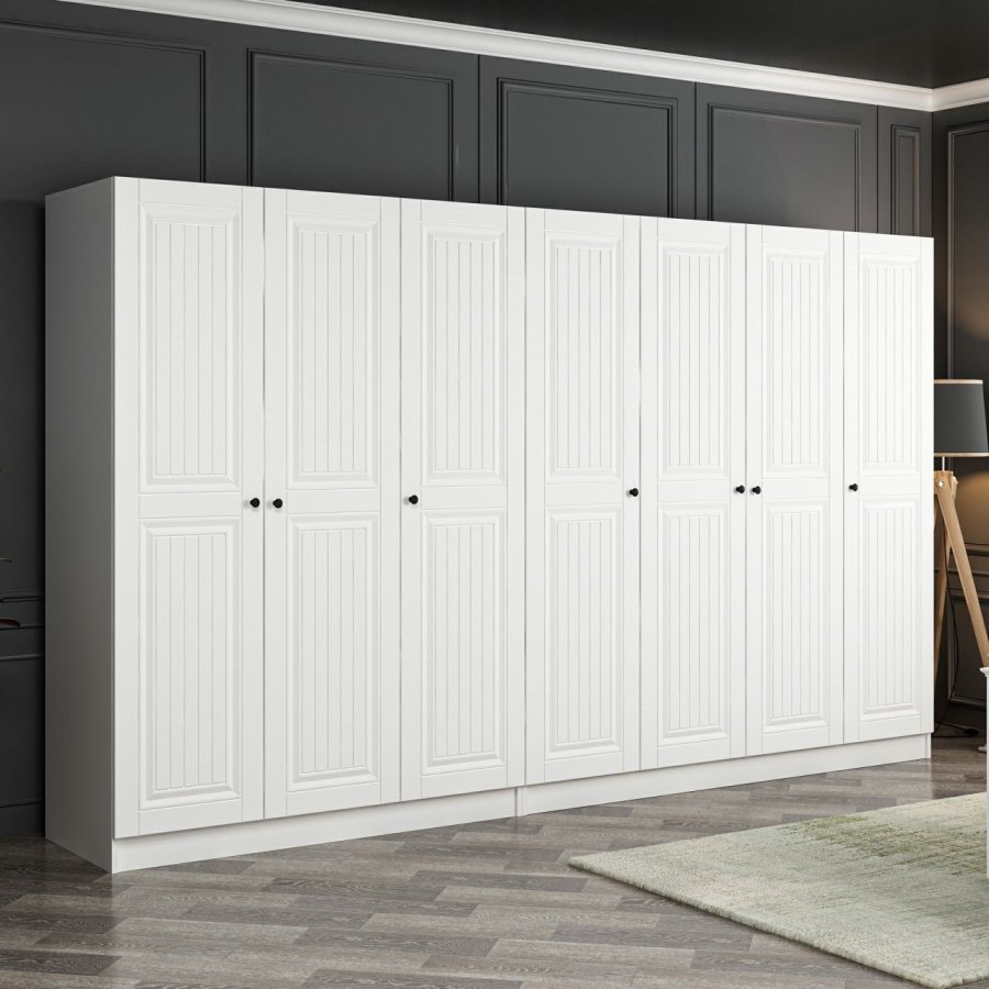 FUNZI LIVING Mebran 4013 garderobeskap, m. 7 drer, 2 henger, 4 skuffer, hyller - hvit melamin