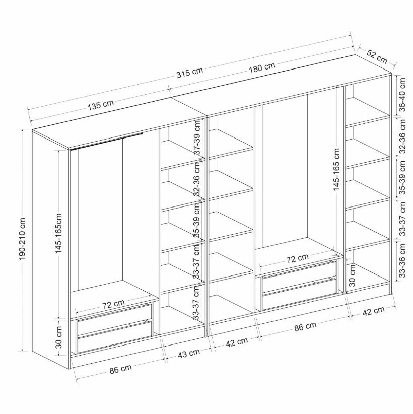 FUNZI LIVING Mebran 4777 garderobeskab, m. 7 lger, 2 bjlestnger, 4 skuffer, hylder - hvid melamin