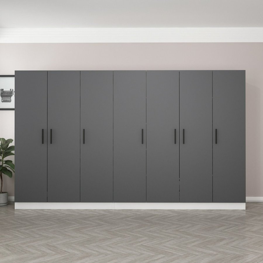 FUNZI LIVING 5056 garderobeskap, 7 drer, 2 henger, 4 skuffer, hyller - antrasitt/hvit melamin