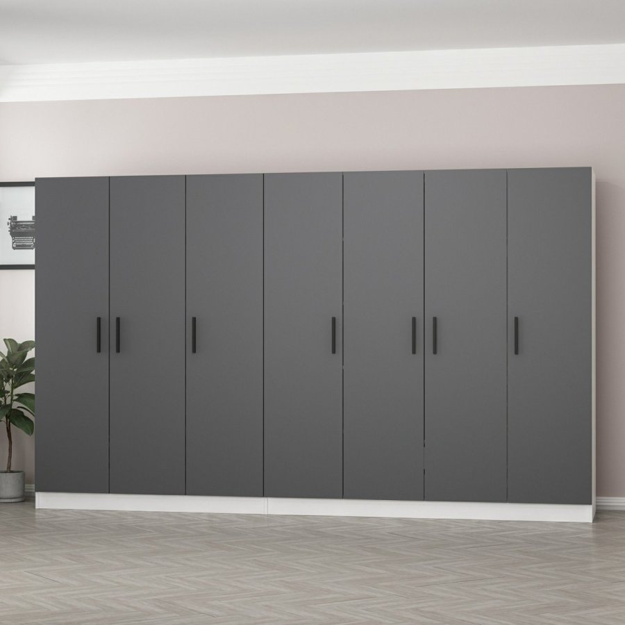 FUNZI LIVING 5056 garderobeskap, 7 drer, 2 henger, 4 skuffer, hyller - antrasitt/hvit melamin