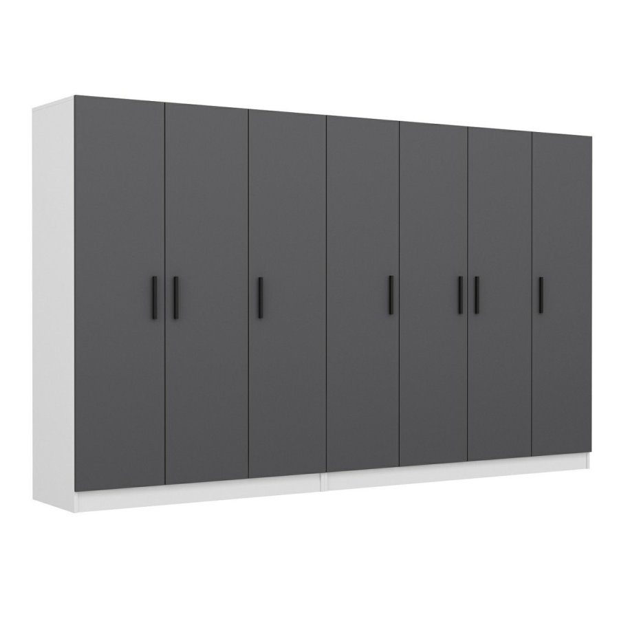 FUNZI LIVING 5056 garderobeskap, 7 drer, 2 henger, 4 skuffer, hyller - antrasitt/hvit melamin